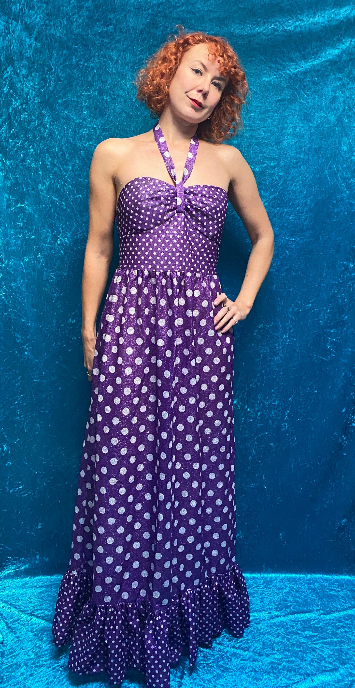 Vintage 1970s Glittery Purple Polka Dot Dress.