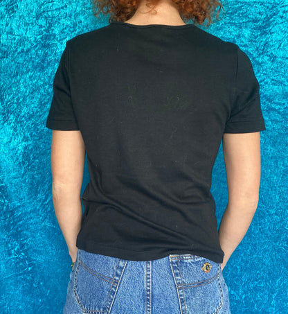 1980s Black Mesh Panel Floral Embroidered T-Shirt XS S