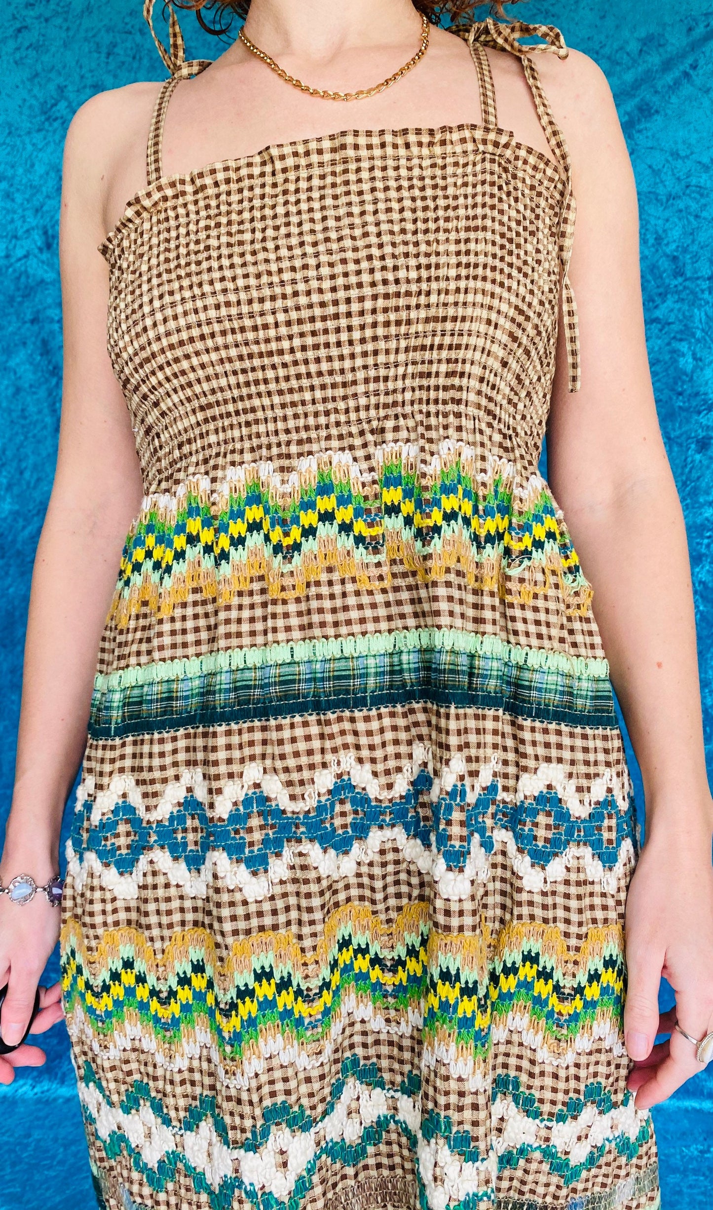 Vintage 1970s Gingham Embroidered Dress.