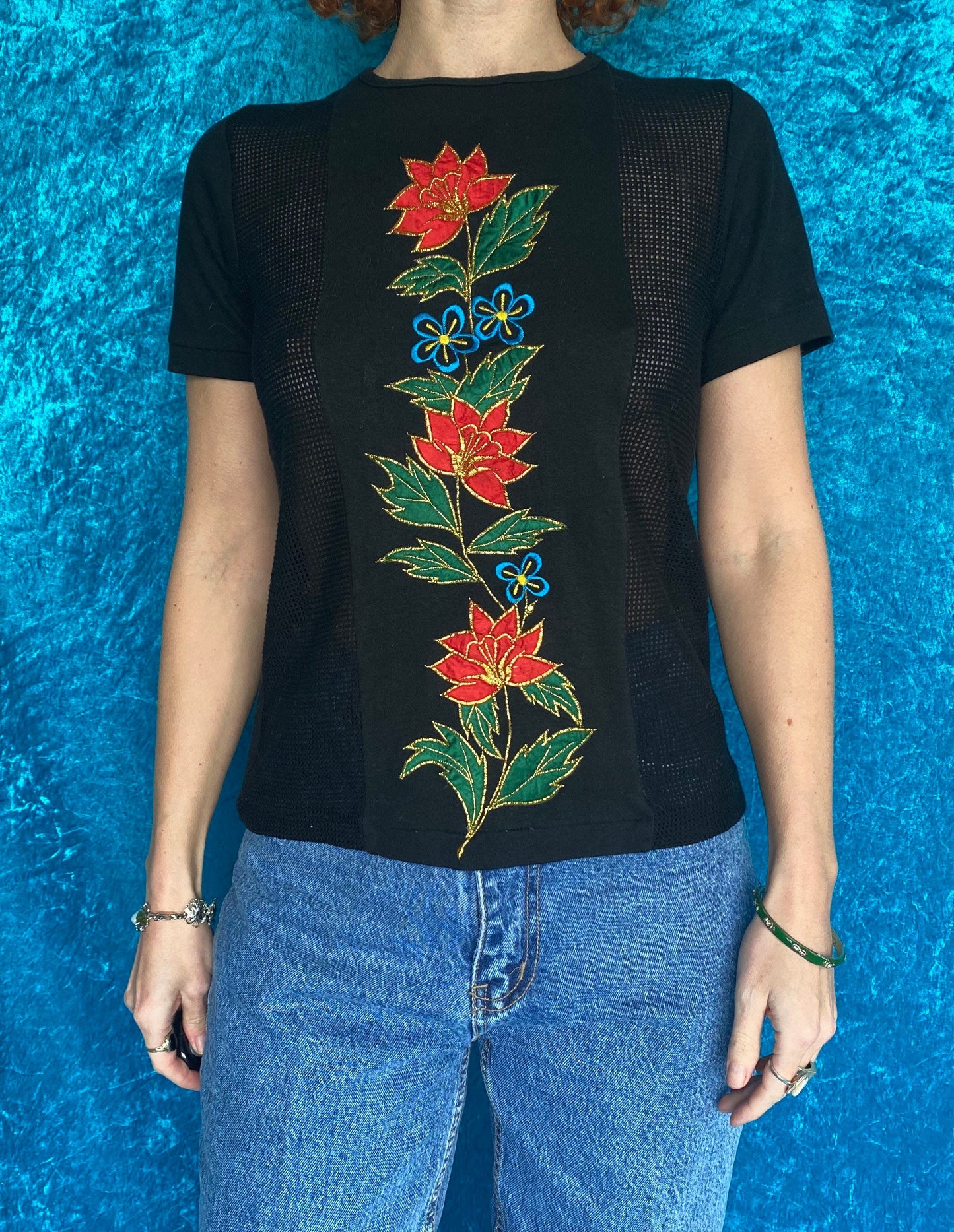 1980s Black Mesh Panel Floral Embroidered T-Shirt XS S