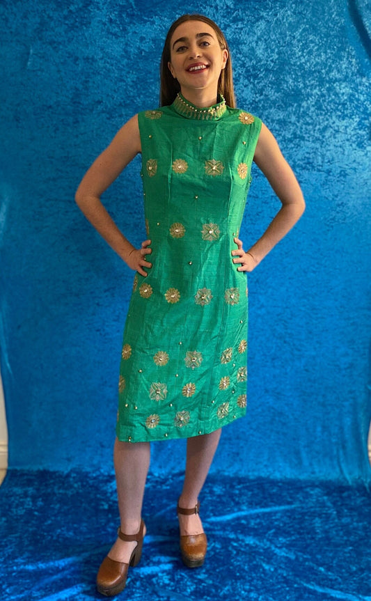 Vintage Gold Embroidered Green Dress.