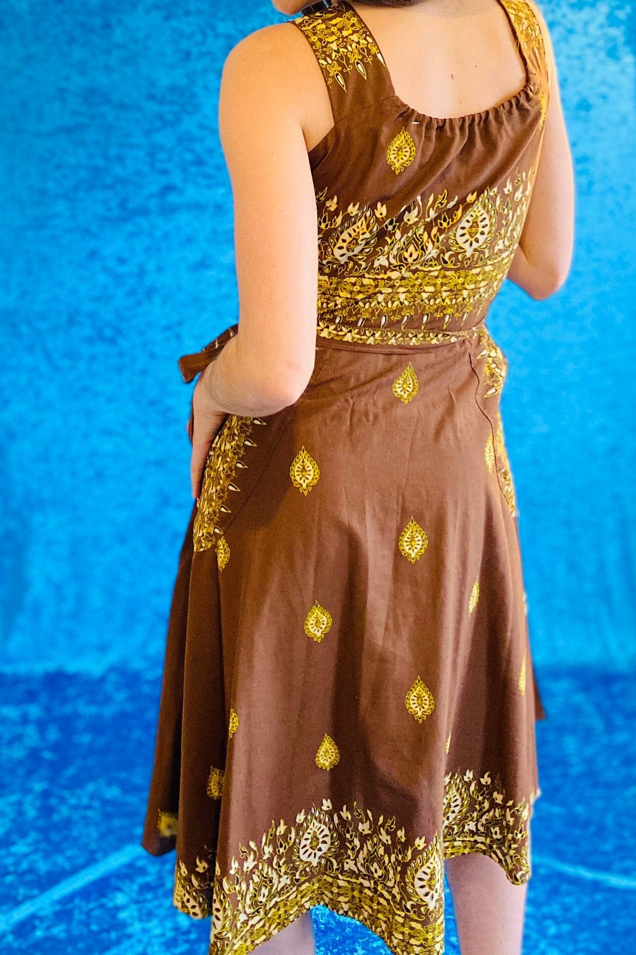 Boho Floral Print Brown Gold Yellow Cotton Wrap Dress