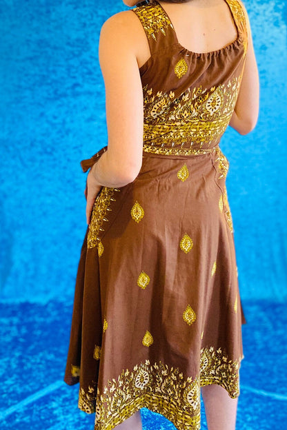 Boho Floral Print Brown Gold Yellow Cotton Wrap Dress