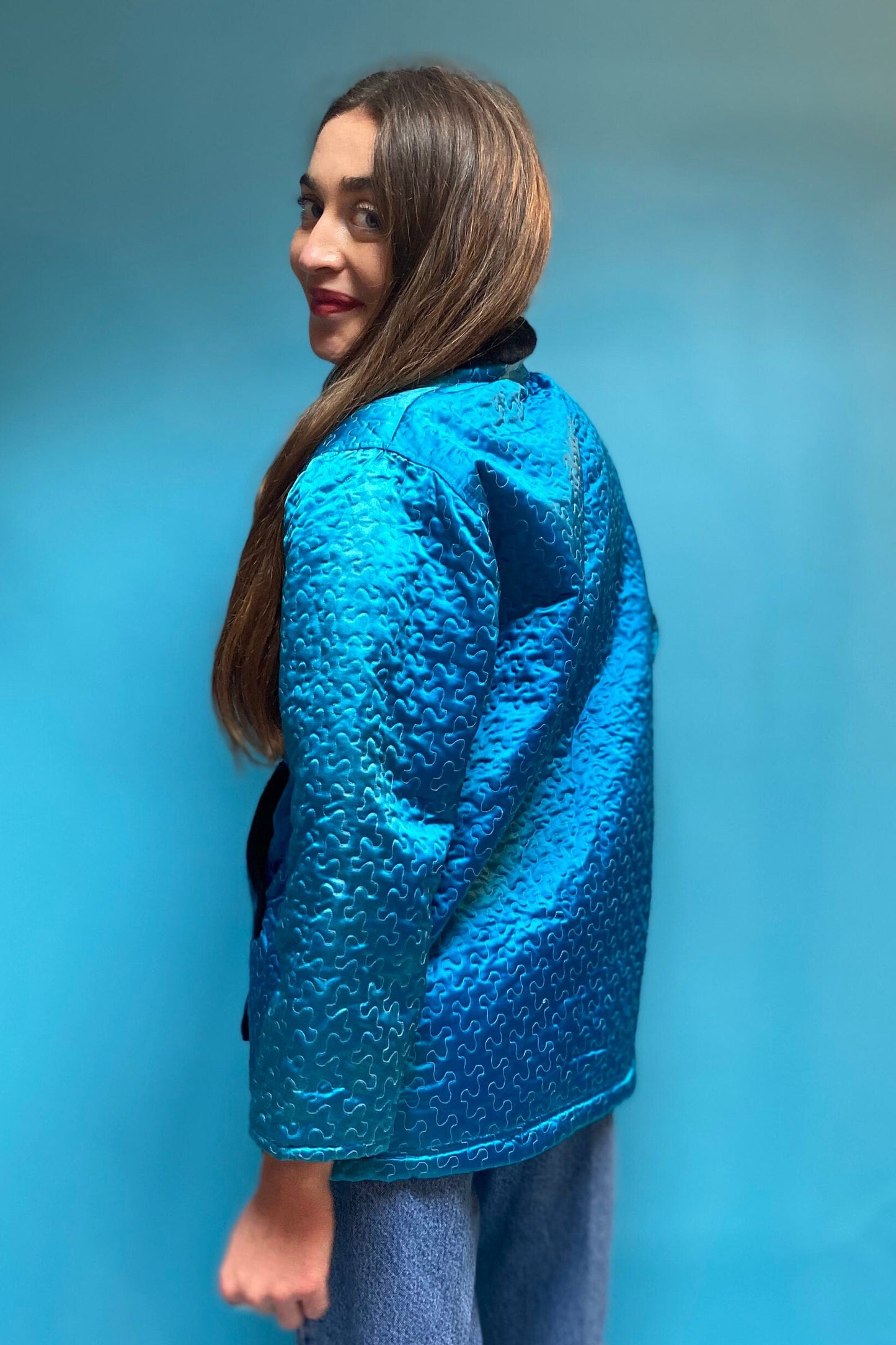 Vintage Turquoise floral Asian Jacket.