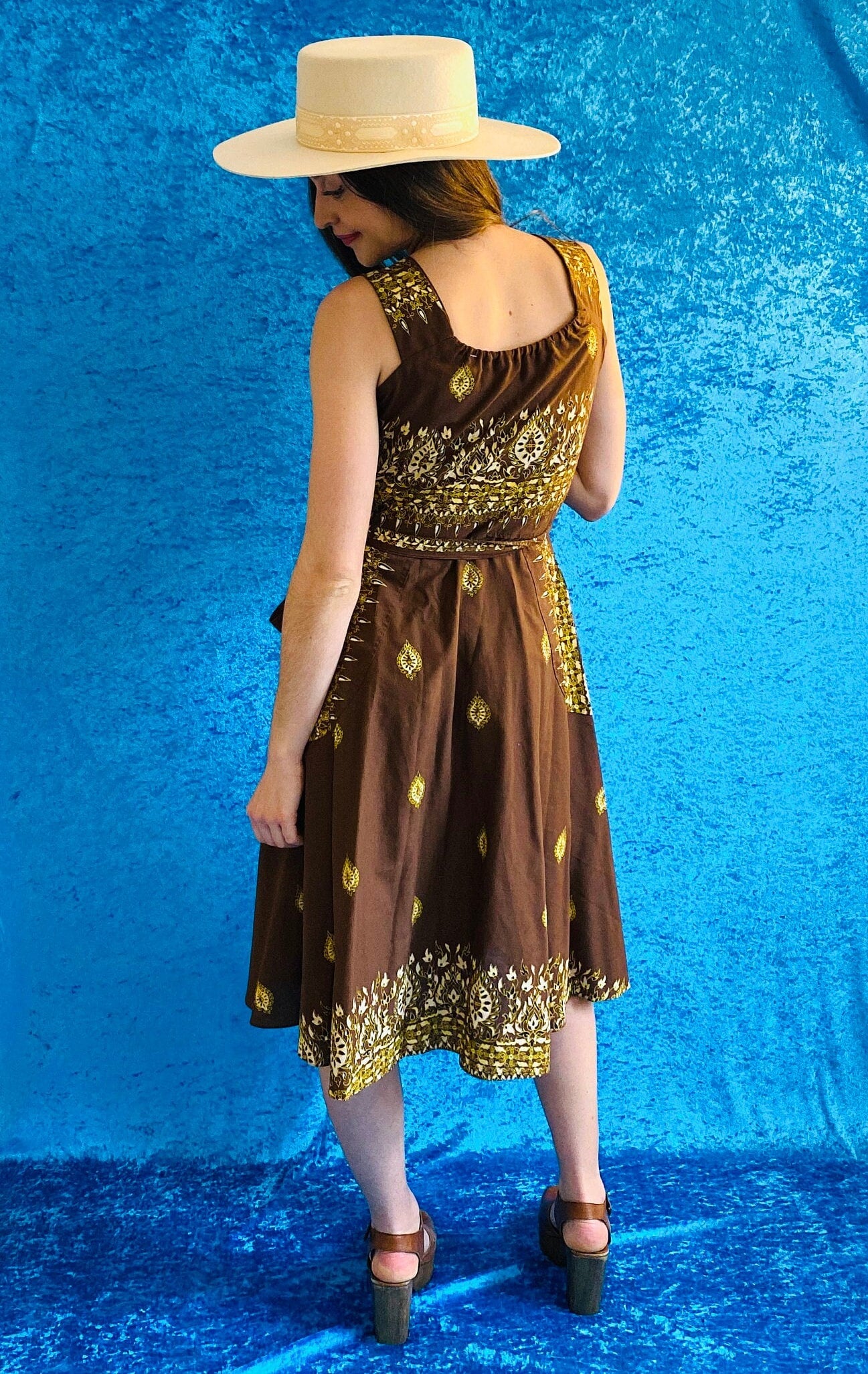 Boho Floral Print Brown Gold Yellow Cotton Wrap Dress