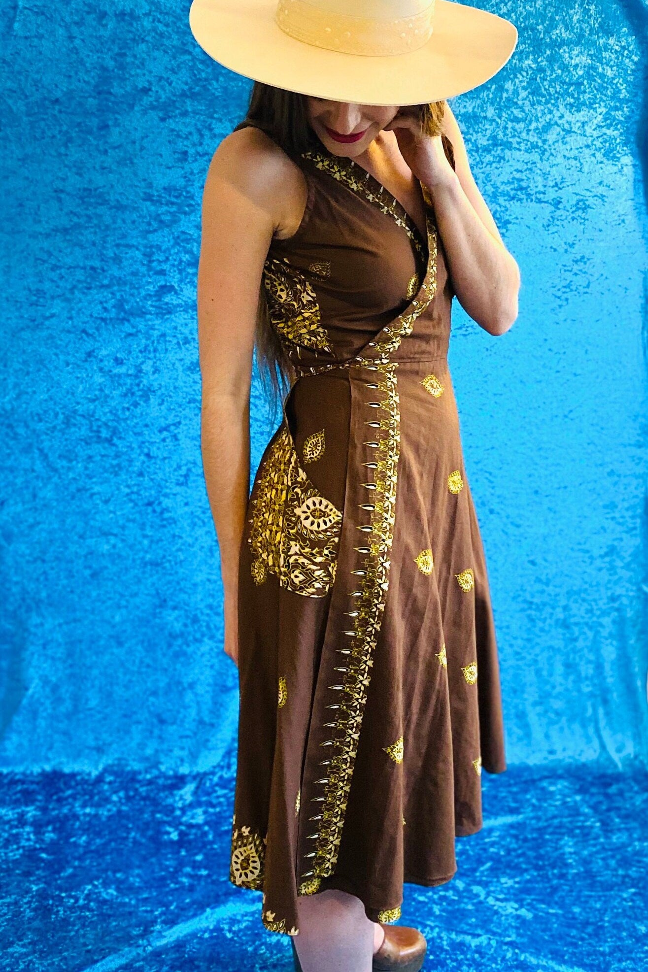 Boho Floral Print Brown Gold Yellow Cotton Wrap Dress