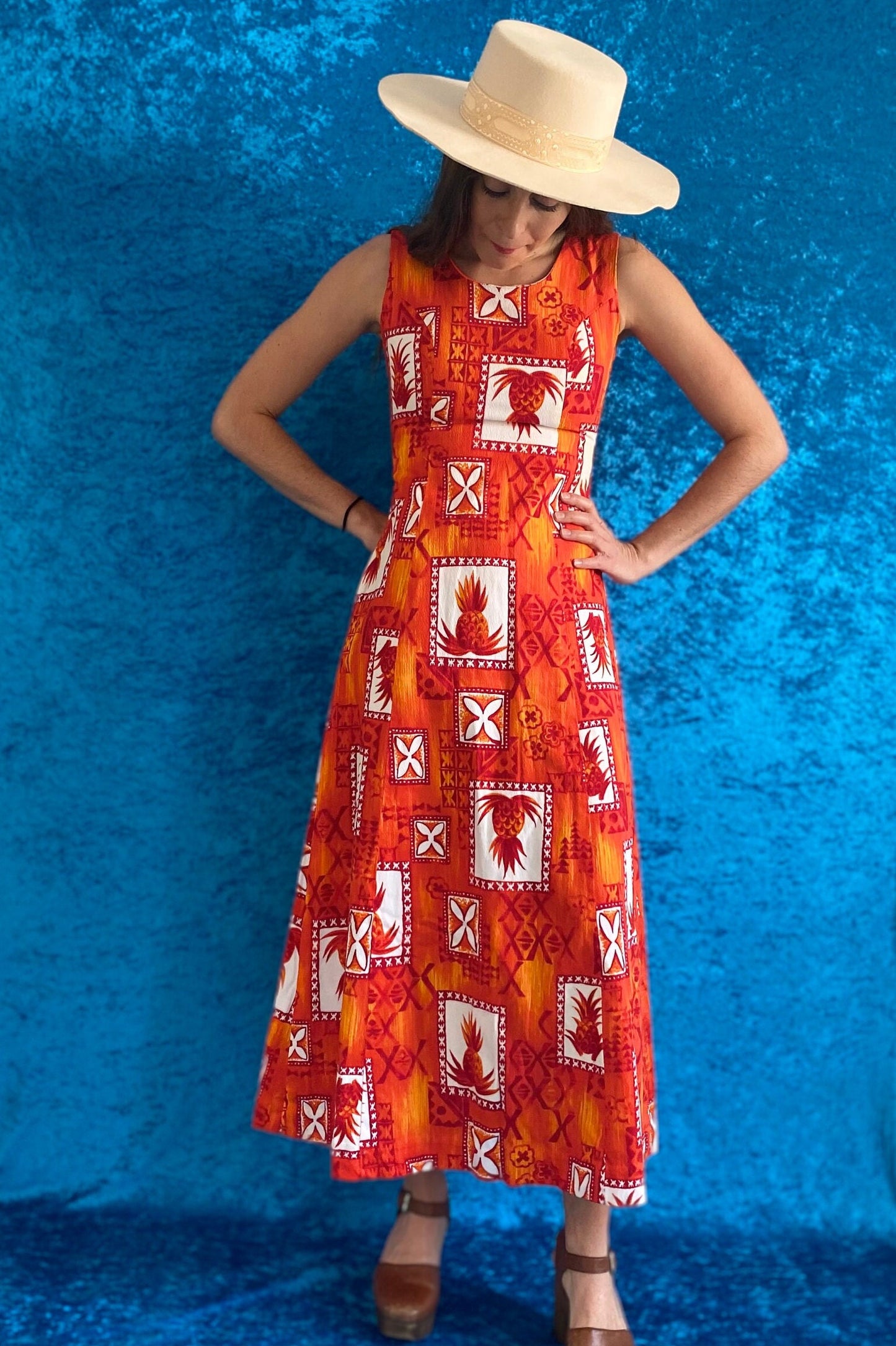Vintage 60s reto maxi Pineapple Print Dress.