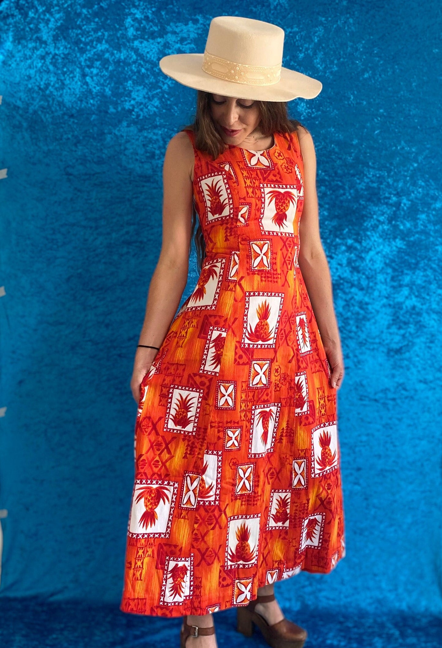 Vintage 60s reto maxi Pineapple Print Dress.