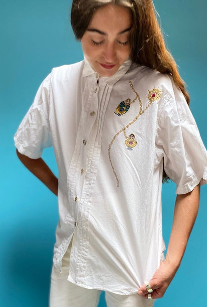 Vintage 80s White Shirt with Chain Embroidery