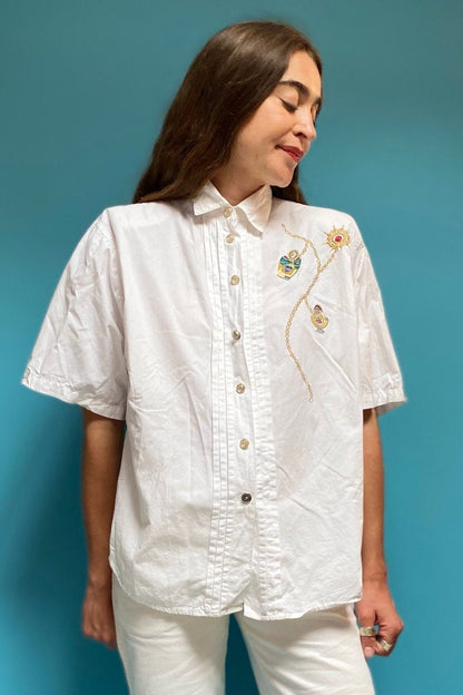 Vintage 80s White Shirt with Chain Embroidery
