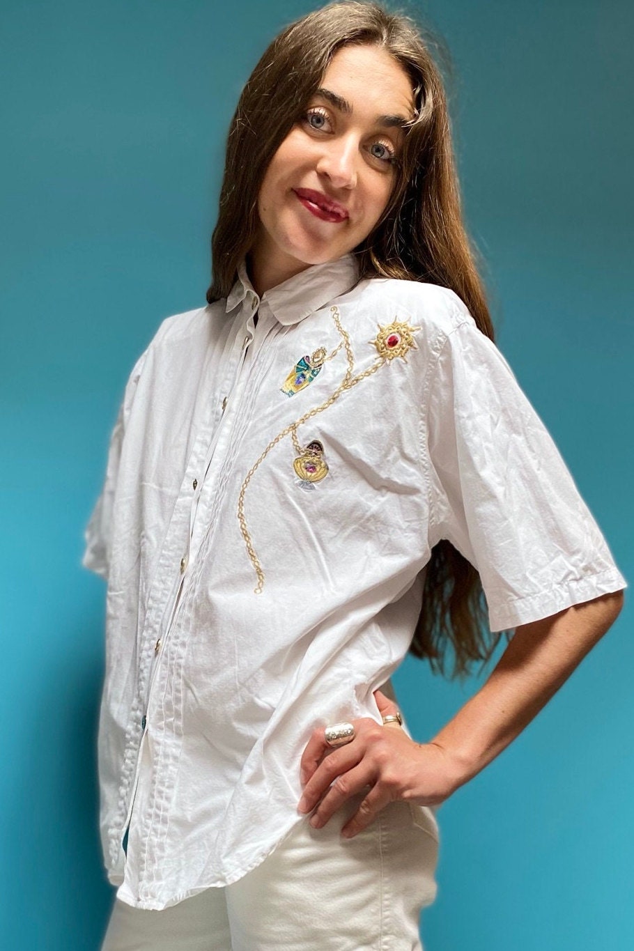 Vintage 80s White Shirt with Chain Embroidery