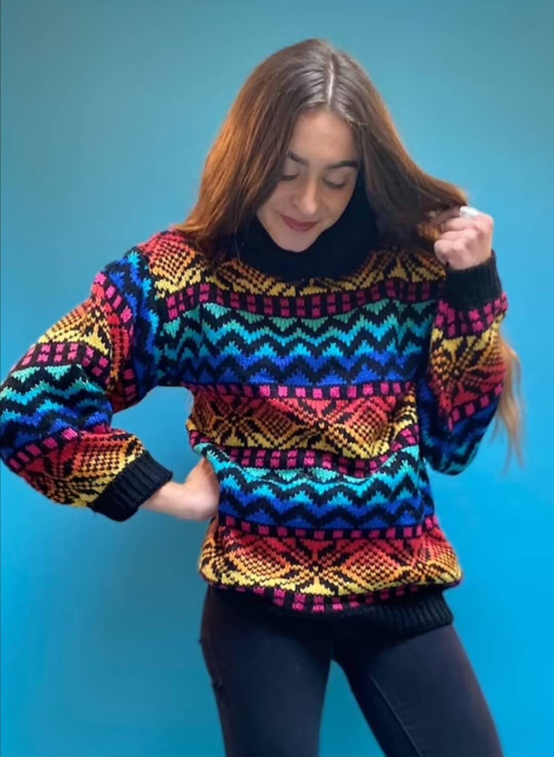 Vintage 1980s Rainbow Knitted Rollneck Jumper.
