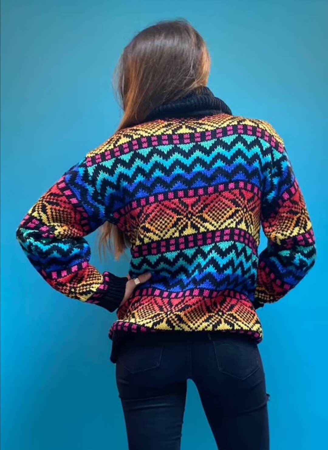 Vintage 1980s Rainbow Knitted Rollneck Jumper.