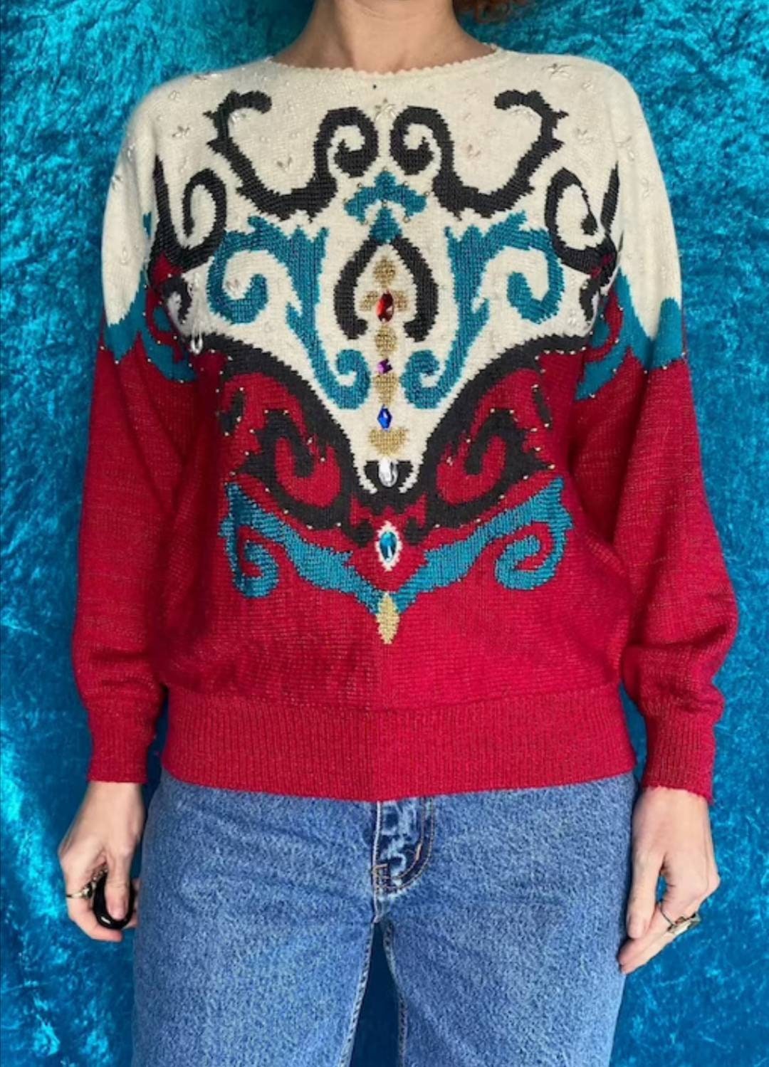 Vintage 1980s Jumper With Gems and Pearls.