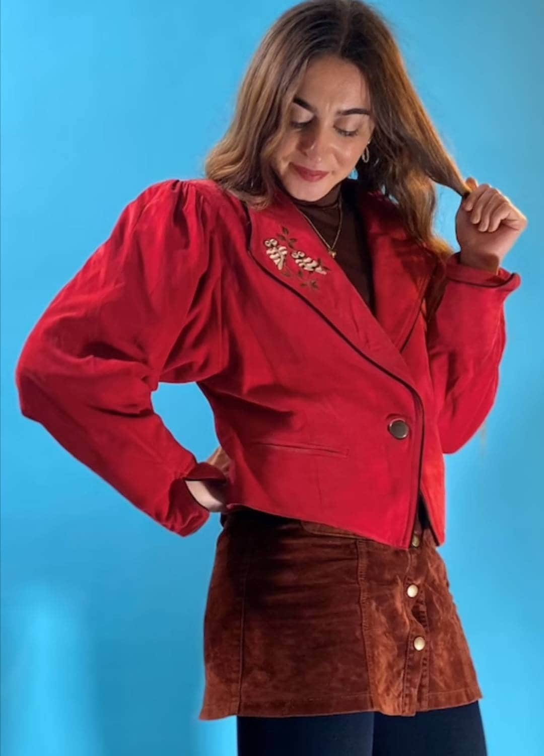 Vintage Red Suede Embroidered Owl Jacket.