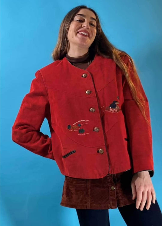 Vintage Red Suede Embroidered Cottagecore Jacket.