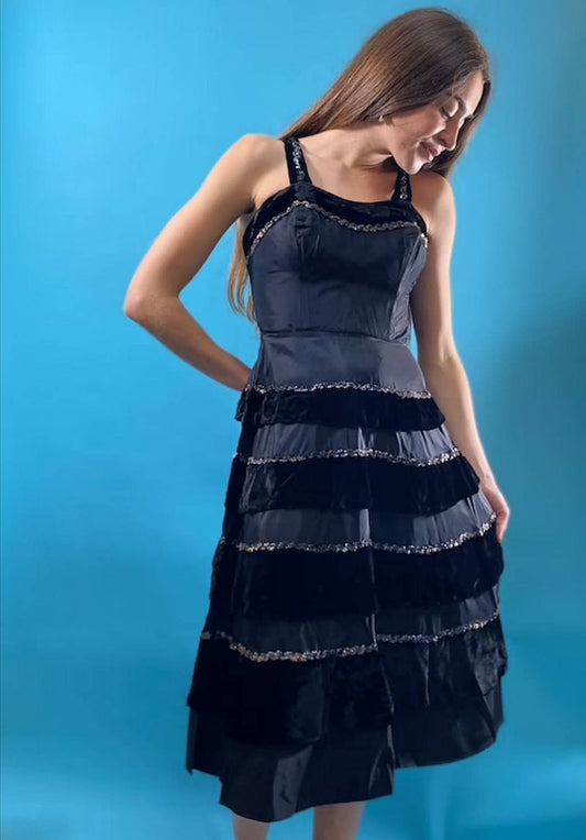 Vintage Revival Amazing 1970s Velvet Frill Evening Dress.