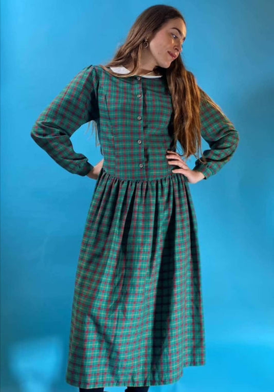Vintage 80s Babydoll Checked Dress With White Collar.