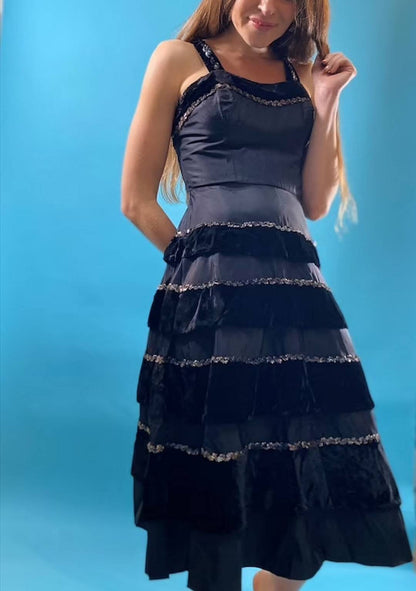 Vintage Revival Amazing 1970s Velvet Frill Evening Dress.
