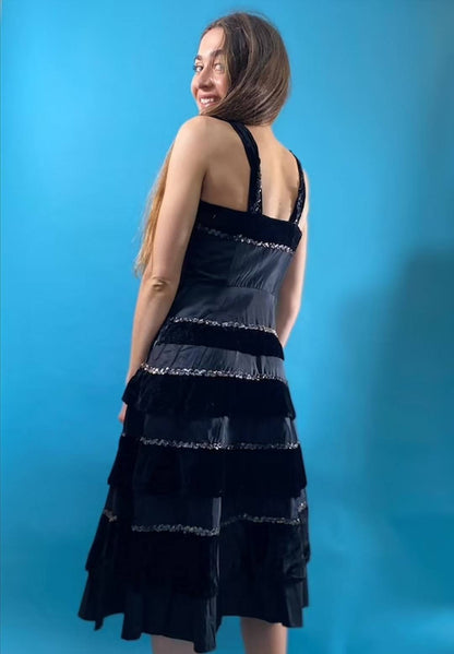 Vintage Revival Amazing 1970s Velvet Frill Evening Dress.