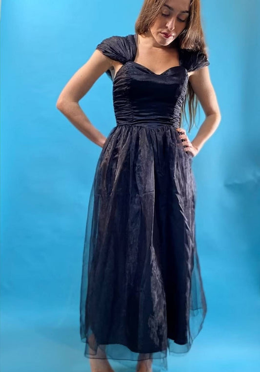 Vintage Revival 1980s Black Chiffon Cocktail Dress.