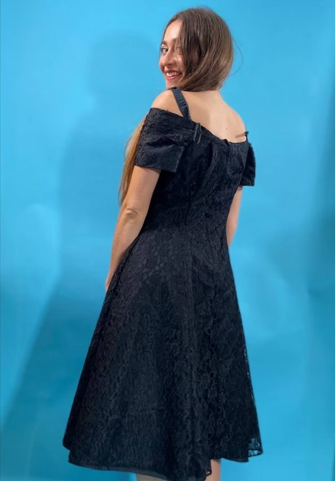 Vintage 1950s Full Lace Bardot Midi Dress.