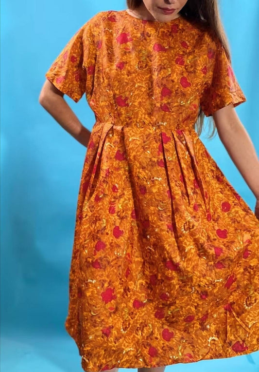 Vintage Revival 1950s Floral Printed Orange Dress.