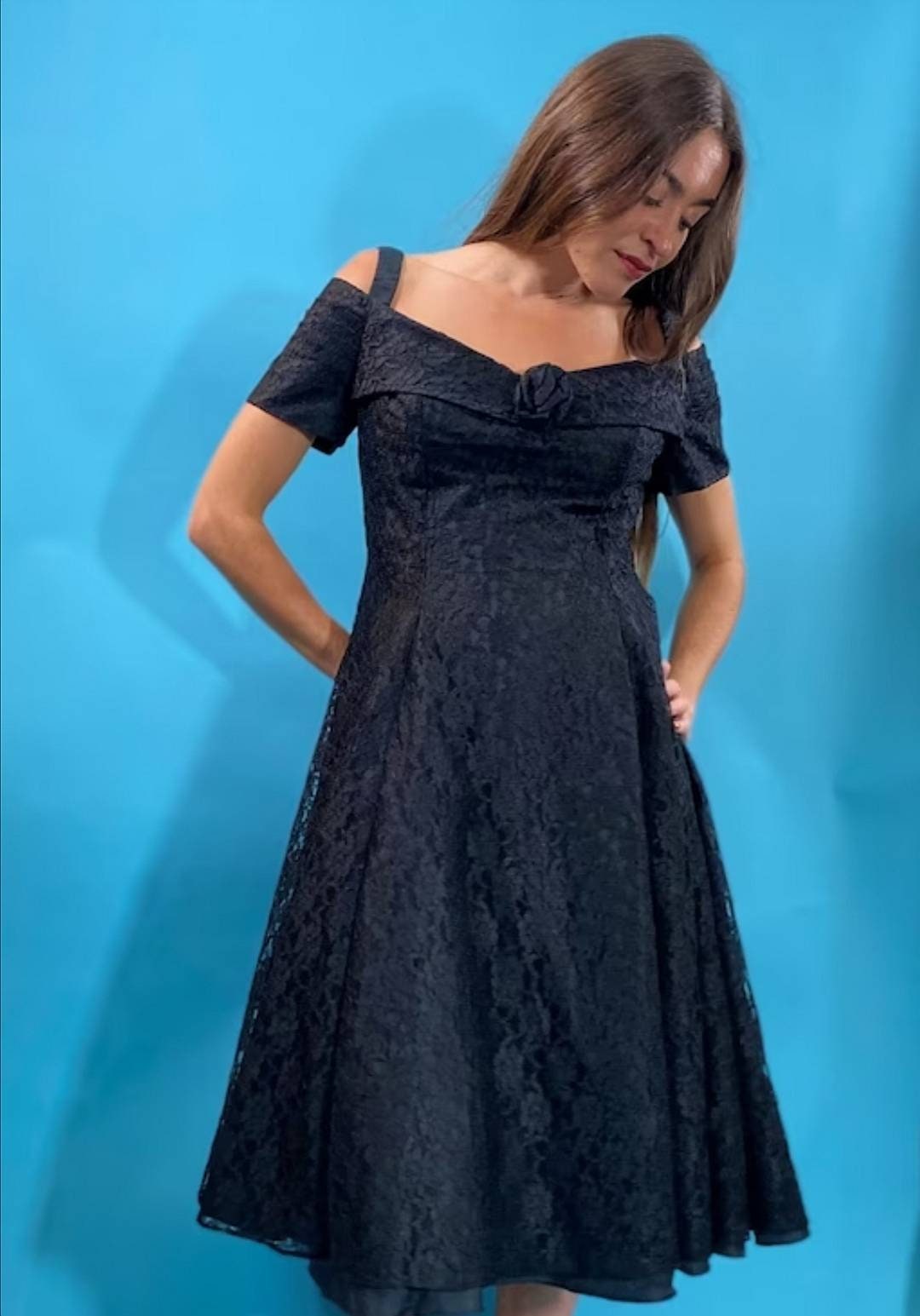 Vintage 1950s Full Lace Bardot Midi Dress.