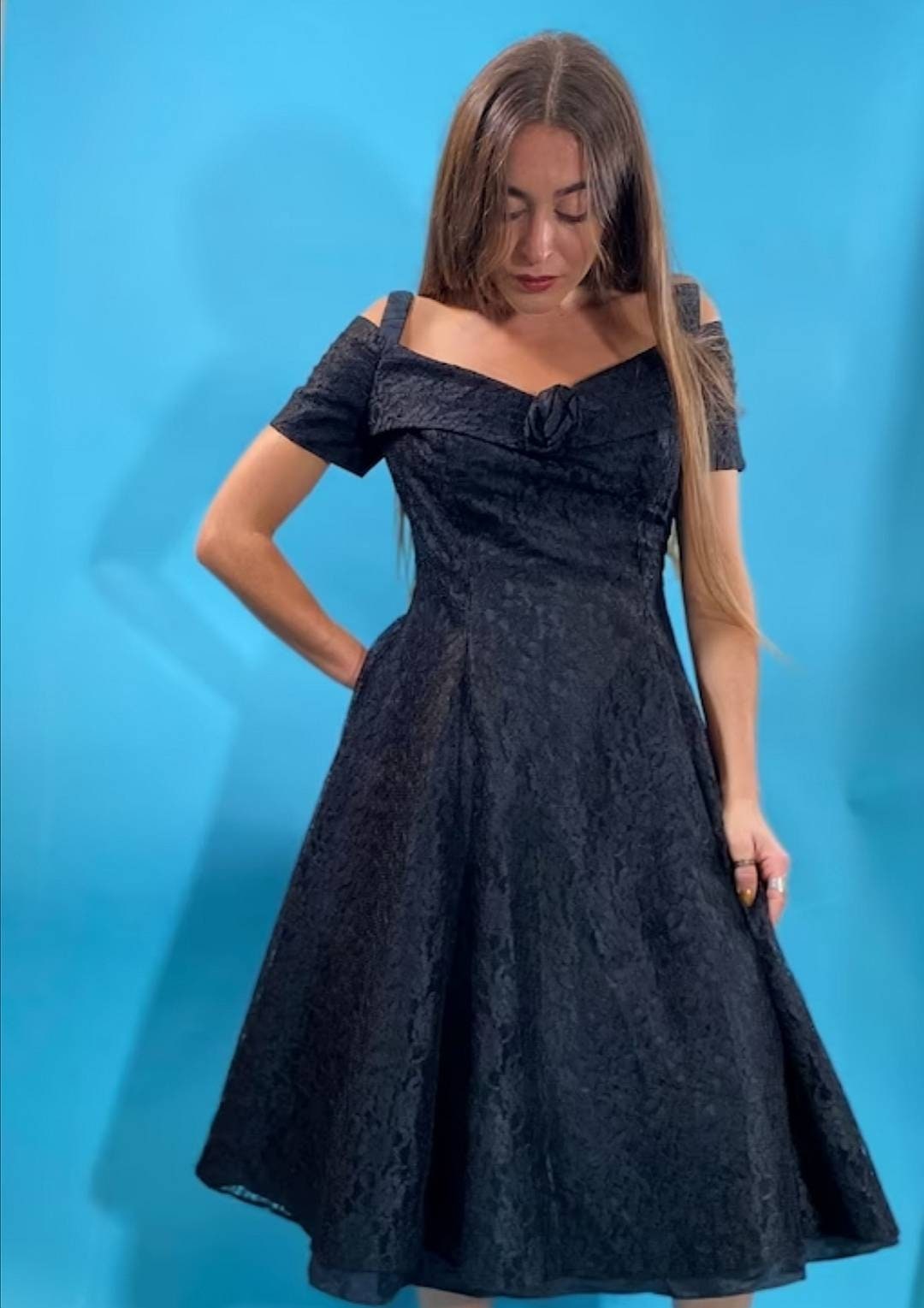 Vintage 1950s Full Lace Bardot Midi Dress.