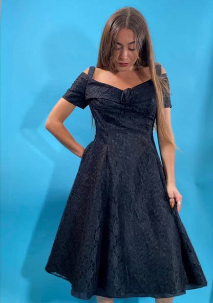 Vintage 1950s Full Lace Bardot Midi Dress.