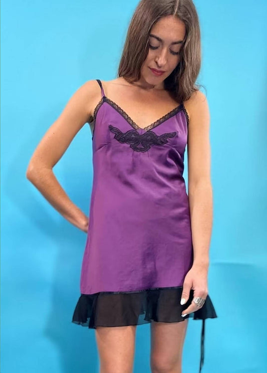 Vintage 90s Purple & Black Lace Satin Slip Dress XXS XS S