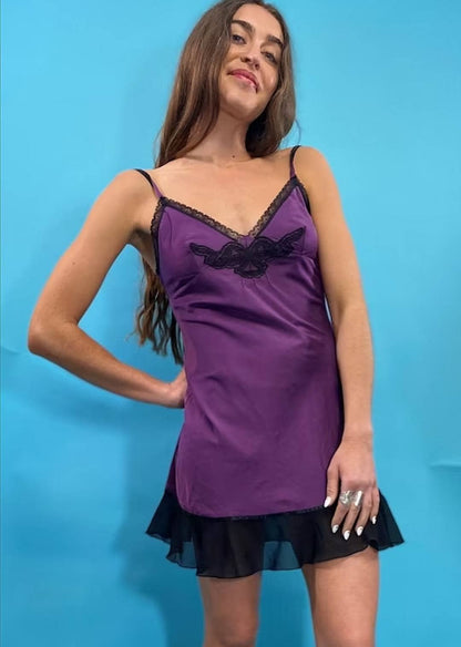 Vintage 90s Purple & Black Lace Satin Slip Dress XXS XS S