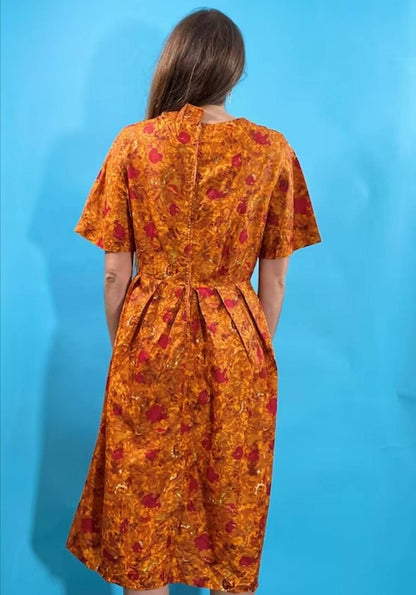 Vintage Revival 1950s Floral Printed Orange Dress.