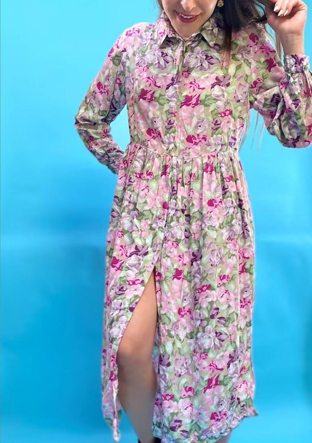 Vintage 1980s Floral Printed Button Down Dress.