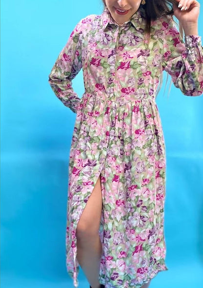 Vintage 1980s Floral Printed Button Down Dress.