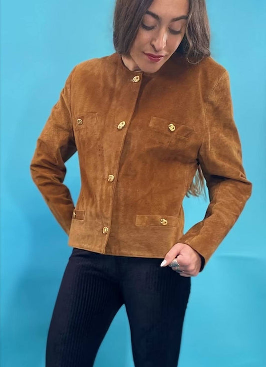 Vintage 90s Brown Suede Jacket with Gold Buttons.