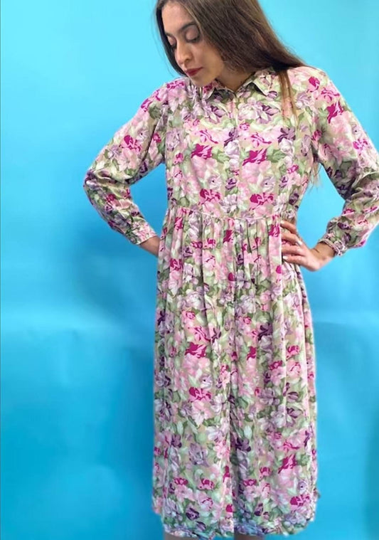 Vintage 1980s Floral Printed Button Down Dress.