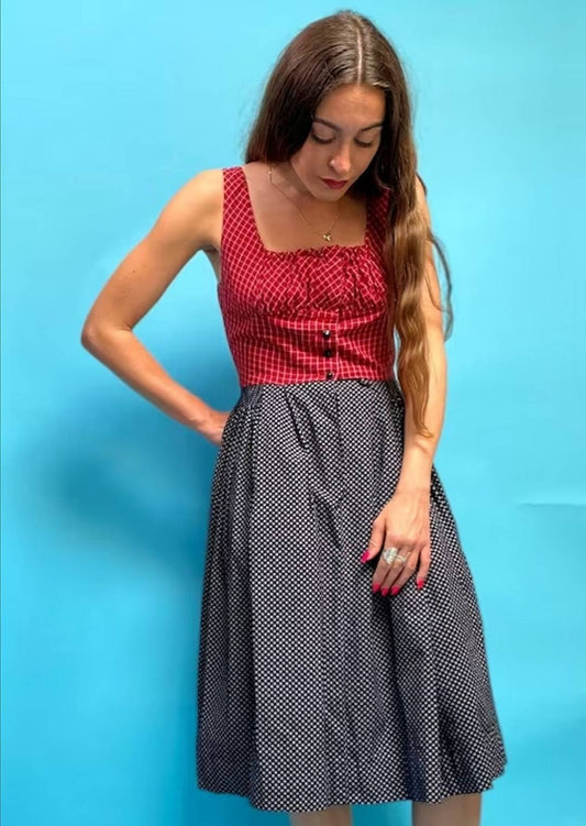Vintage Tartan Bodice and Floral Printed Skirt Dress.
