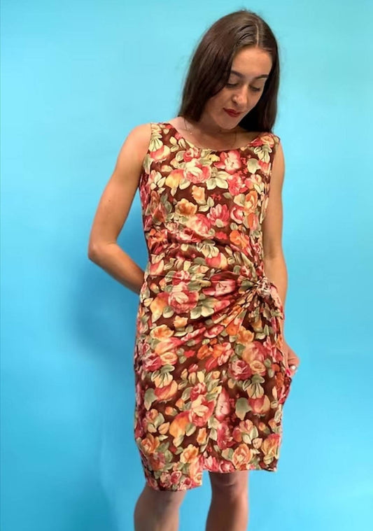 Vintage Brown Orange and Pink Floral Dress with Wrap Detail.