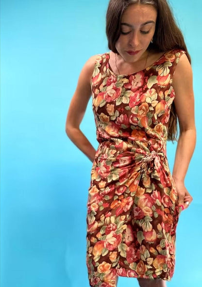 Vintage Brown Orange and Pink Floral Dress with Wrap Detail.