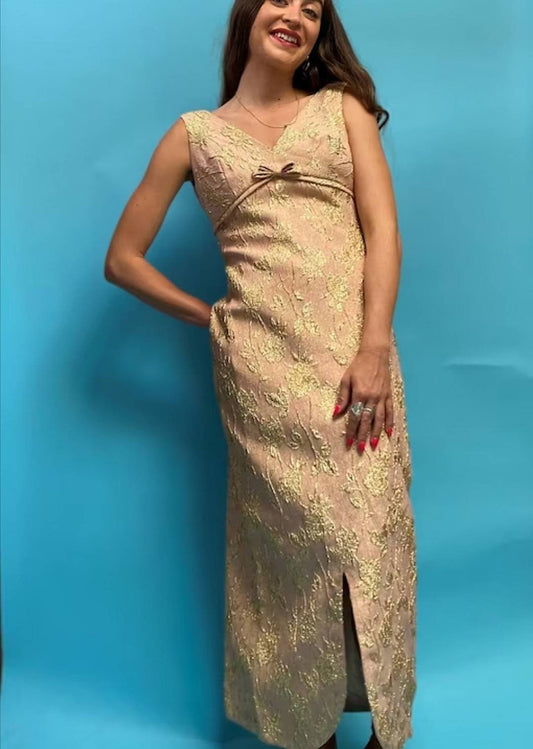 Vintage 1960s Pink Blush and Gold Brocade Empire Maxi Dress.