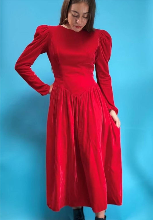 1980s Red Velvet Party Dress Gown Fitted Bust Bow V Back UK 6 8