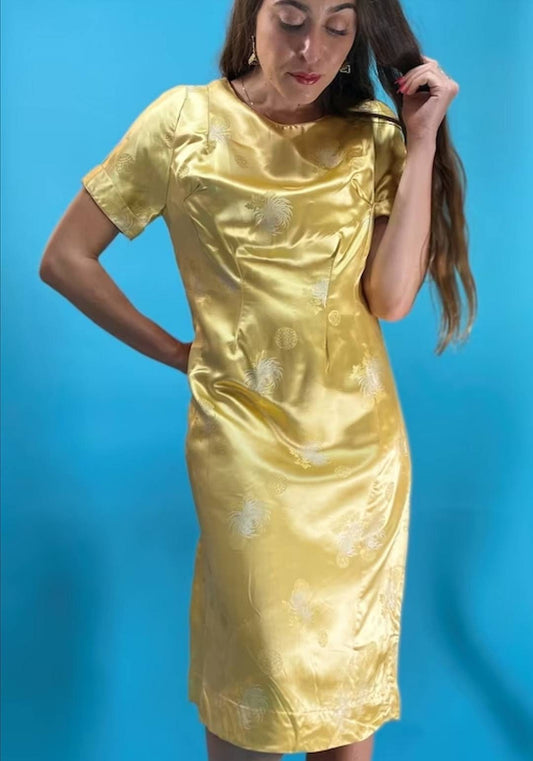 Vintage Chinoiserie Silky Jacquard Gold Dress.