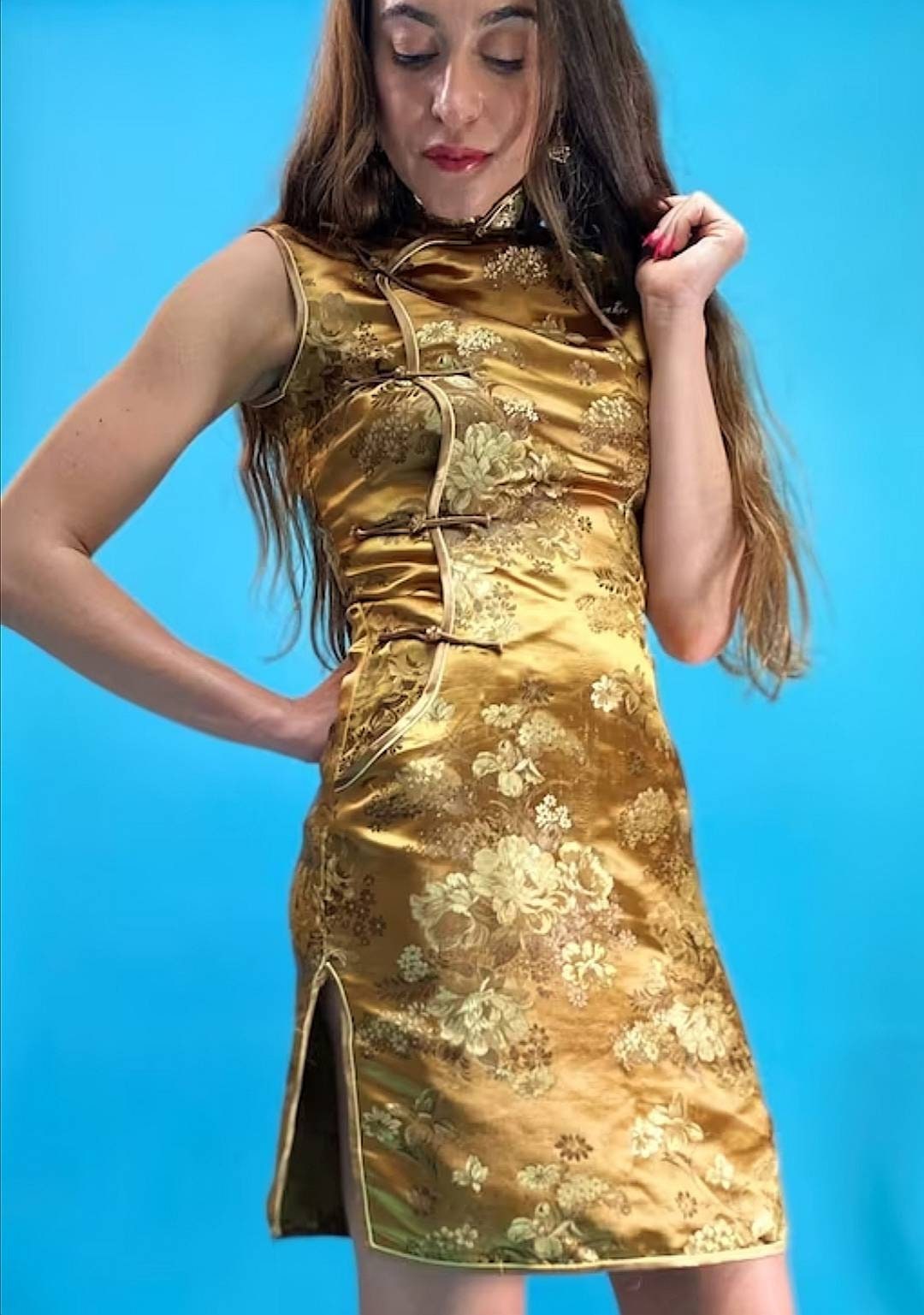 Vintage Chinoiserie Gold Jacquard Dress.