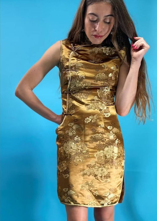 Vintage Chinoiserie Gold Jacquard Dress.