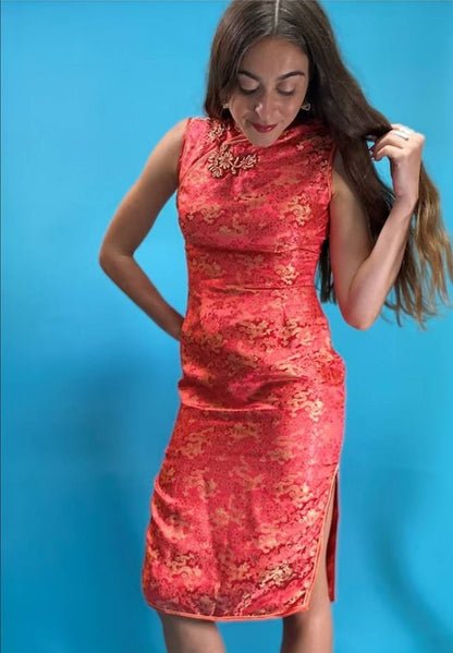 Vintage Orange Red Chinoiserie Jacquard Mid Length Dress.