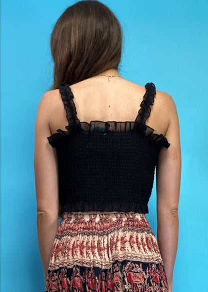 Y2K Black Shirred Ruffle Frill Crop Top XXS XS