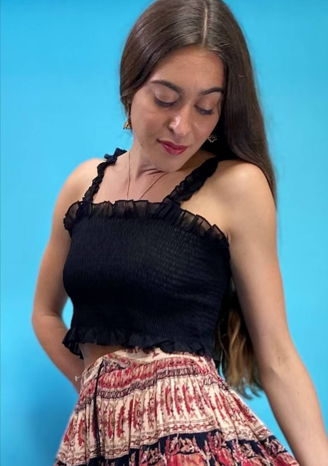 Y2K Black Shirred Ruffle Frill Crop Top XXS XS