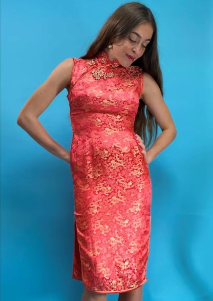 Vintage Orange Red Chinoiserie Jacquard Mid Length Dress.