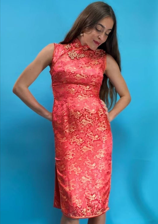 Vintage Orange Red Chinoiserie Jacquard Mid Length Dress.